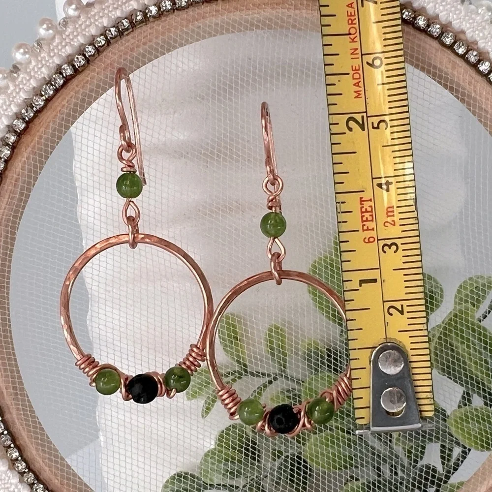 Wire Wrap Copper Earrings with Green Jade & Black Lava Stone